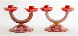Italian Murano Red Glass Candelabras, Pair