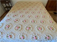 Beautiful Hand Crochet Bedspread Beige w/Pink