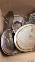 Glass lids, large pot with lid, misc pots and