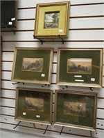Five framed prints including four hand-tinted