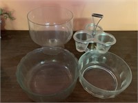 2 glass bowls, footed bowl and condiment jars