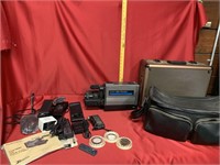 Vintage video camera, camera case, and accessories