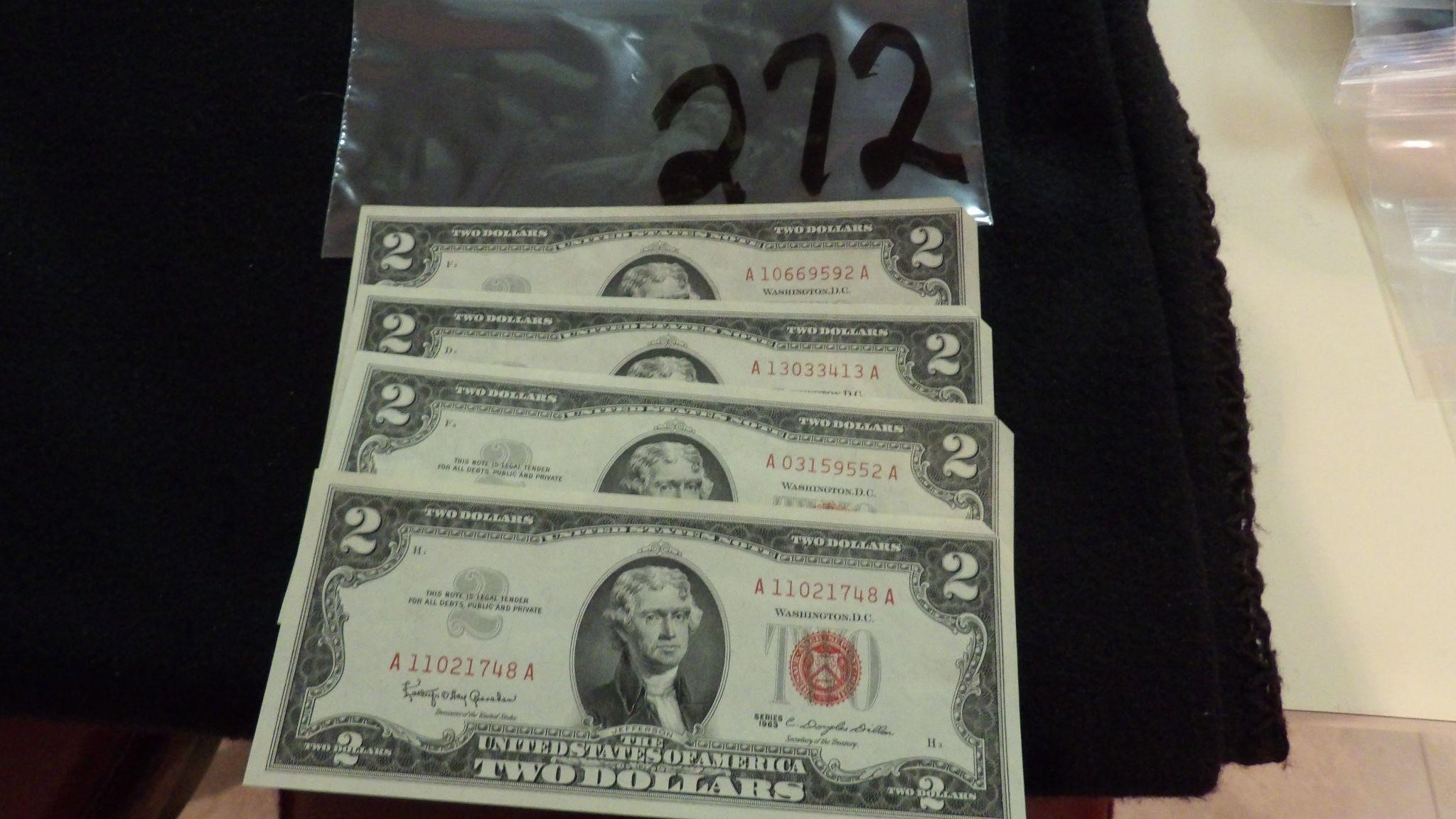 4) Red Seal 2 Dollar Bills 1963 Series