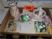 FLAT OF MISC. ITEMS- HAND MIRROR- DOILIES- &