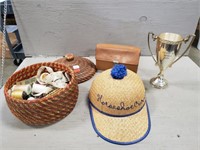 Sewing Items, Hat, Trophy and Metal Canisters in