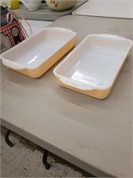 Peach luster fire king baking dishes.