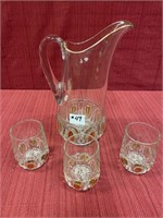 Glass Pitcher, 11 1/2 inches and 3 matching