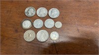 Three Vintage U.S. Quarters and Seven Vintage