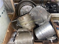 Box of old sifters, strainers, pans and more