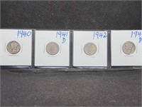 Lot of 4 Mercury Dimes: 1940, 1941 D, 1942, &