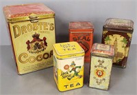 5 antique tins including tea, cocoa, etc. - 8 1/2"