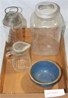 FLAT BOX OF VTG. KITCHEN JARS & STONEWARE BOWL