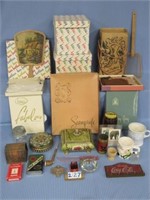 BOX WITH ADVERTISING TINS & COLLECTIBLES, ETC.: