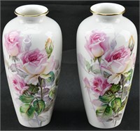 Pair Noritake Nippon Toki Kaisha Pink Rose Vases