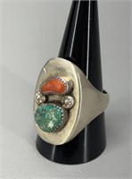 Sterling Silver Turquoise & Coral men’s ring sz.11