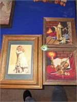 FRAMED CROSS STITCHES AND GIRL WITH DOG PRINT