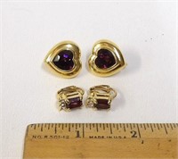 2 Pair Gold Tone Amethyst Clip Earrings