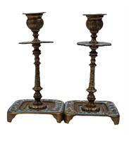 Pair Of 19th C French Champleve Enamel & Bronze Ca
