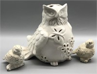 Ceramic Owl w/Cast Iron Bird Figurines