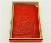 Vtg Red Sandalwood Cowhide Wallet W/ Box Ornate