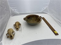 Stoneware Bowl w/Ruler & 2 Animal Skulls