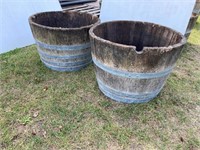 2 wooden 1/2 barrel planters. 28” across