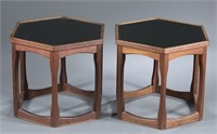 John Keal hexagonal black top side tables. c.1960s