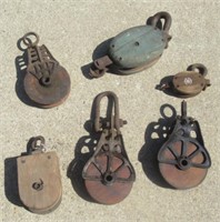 (6) Antique Wood Barn Pulleys. Marked: N121,