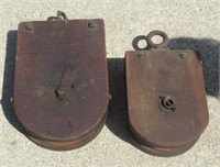 (2) Large Wood Barn Pulleys.  Largest Measures: