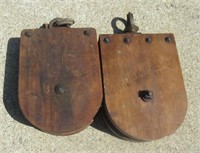 (2) Large Wood Barn Pulleys. (1) Marked Owosso,