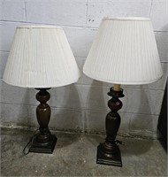 2 Vtg Wooden & Brass Base Table Lamps