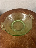Vintage 9" Green Uranium Glass Handled Bowl
