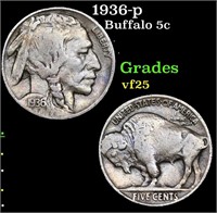 1936-p Buffalo Nickel 5c Grades vf+