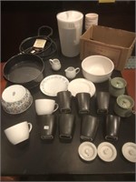 Lot of tea cups & pitcher, salt and pepper shakers