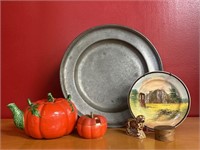 Opportunity Lot Pewter Tray, Tomato Teapot, Misc