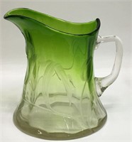Moser Green And Clear Cut Glass Floral Pitcher