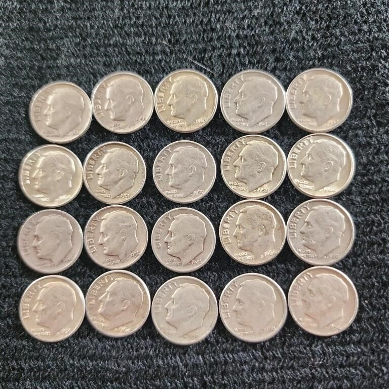 20 Mixed Date Roosevelt Dimes, 90% Silver