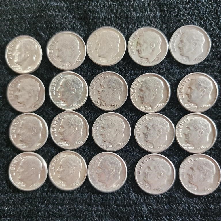 20 Mixed Date Roosevelt Dimes, 90% Silver