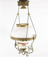 Victorian Parlor Brass Hanging Oil Lamp w Painted