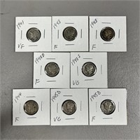 Eight Various Date Mercury Dimes -90% Silver