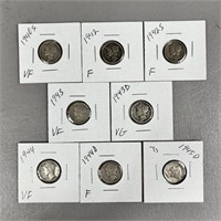 Eight Various Date Mercury Head Dimes -90% Silver