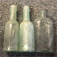 Lot of 3 Aqua Blue & Green Glass Medicine Bottles