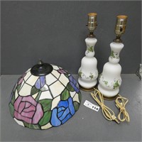 Stained Glass Lamp Shade & Pair of Glass Lamps