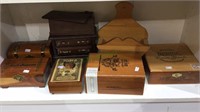 Shelf lot, wood cigar boxes, cedar boxes, dresser