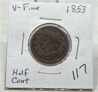 1853 Half Cent VF
