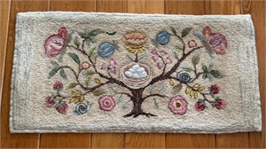 Vintage hooked rug, small size, flowering tree