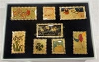 Vintage Postage Stamp Label Pins Set of 8