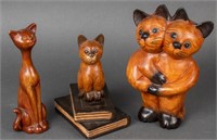 Carved Wooden Whimsical Cat Figures, 3