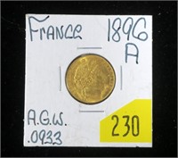 1896 Gold 10 francs, uncirculated, .0933 A.G.W.