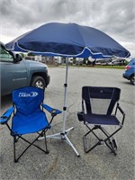 2 camping chairs and portable umbrella.    Look